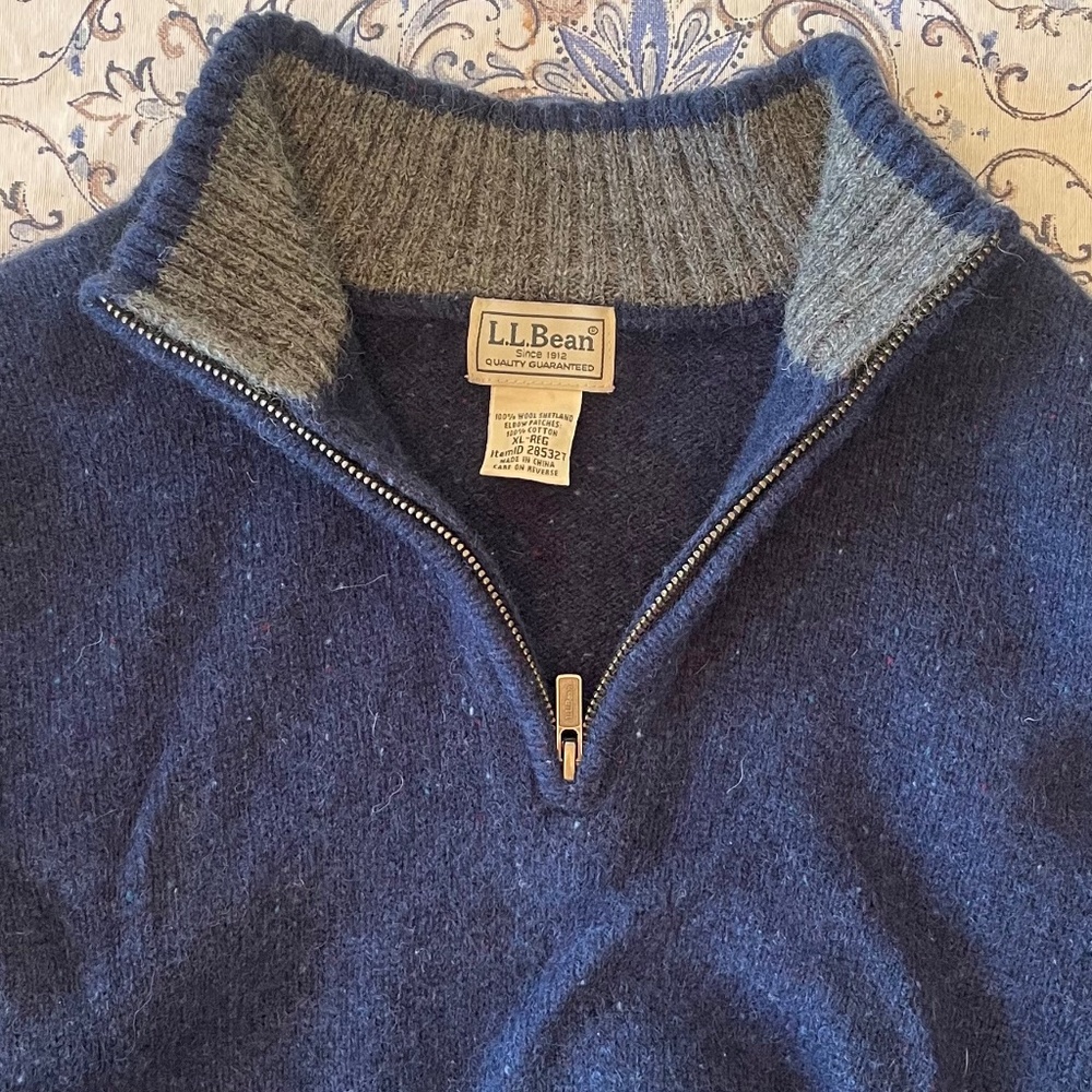 L.L. Bean Shetland Wool Sweater 1/4 Zip Navy Blue Elbow Patch Mens Size XL